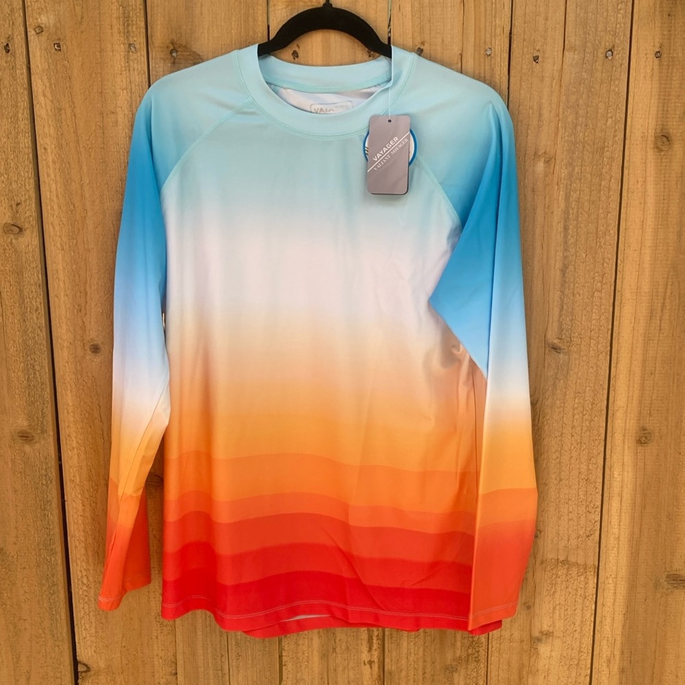 NEW Men's Long Sleeve Sun Shirt Rashguard Size XL Blue Orange UPF 50+